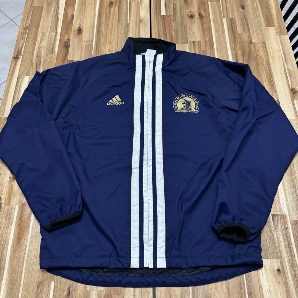 Vintage Adidas Jacket Mens L‎ Blue 1999 Boston Marathon Full Zip Track 3 Stripes
